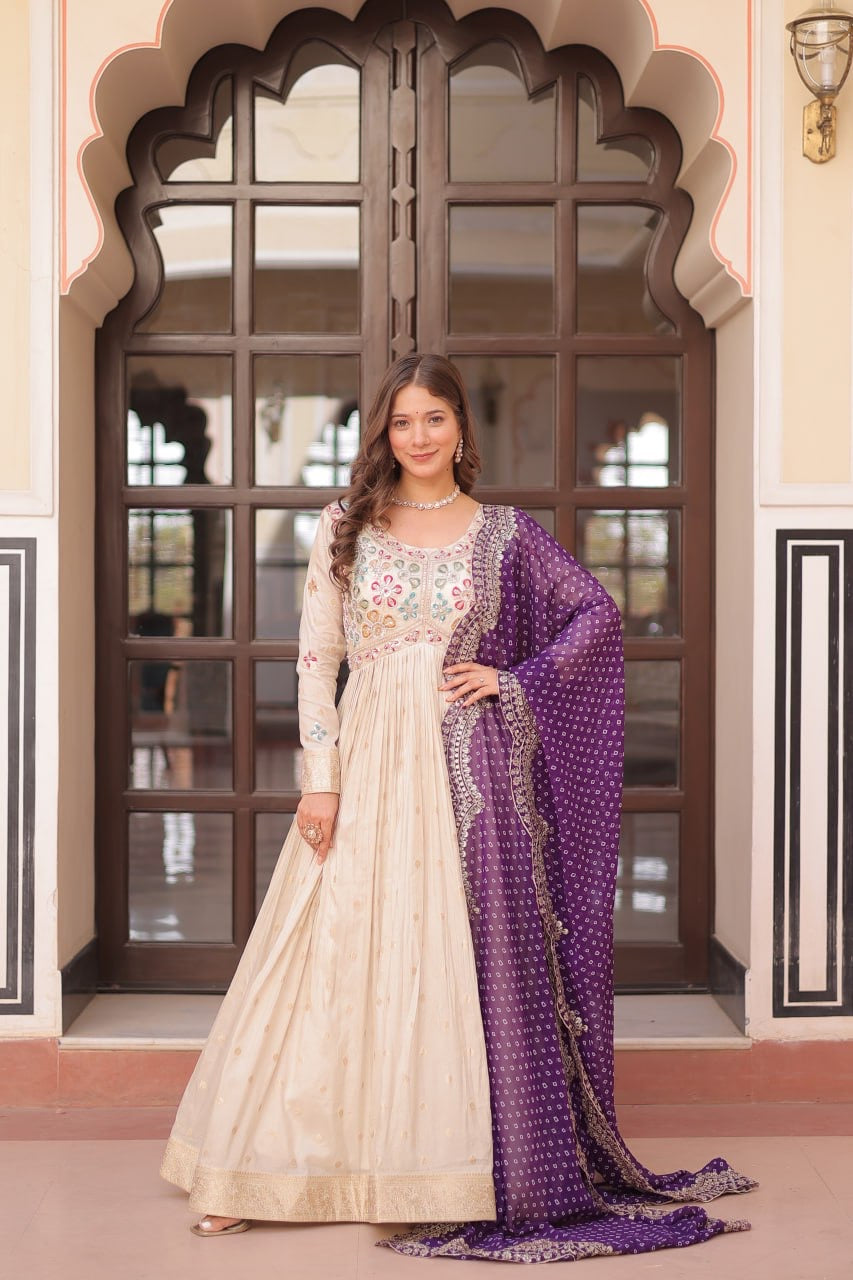 Trending Cosmos Jacquard Gown with Bandhani Printed Embroidered Cut Work Dupatta