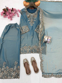 Designer Kurti-Palazzo set in premium moss tissue silk