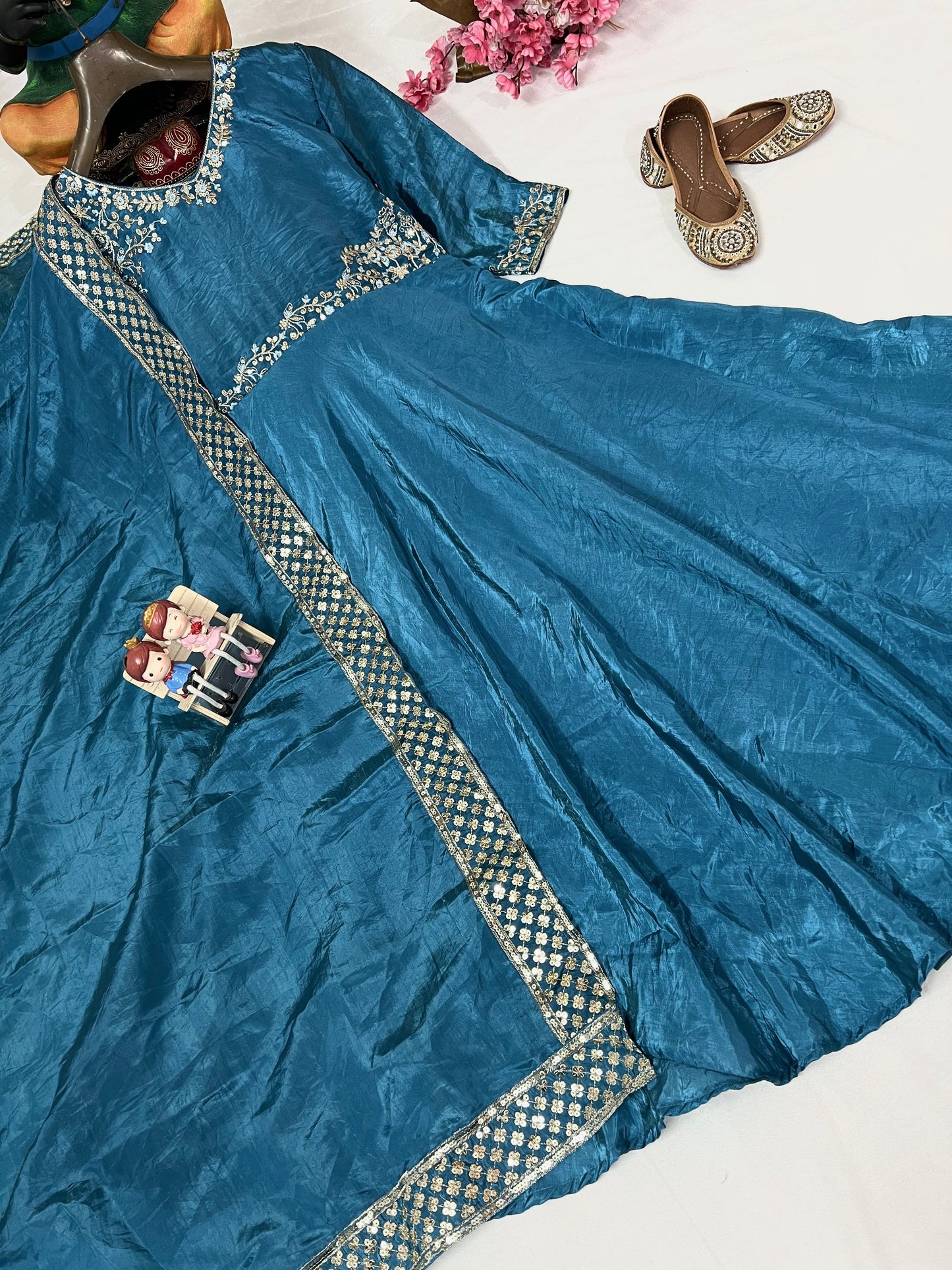 Gold Crushed Silk Gown with Thread & Sequin Embroidery - VF 206