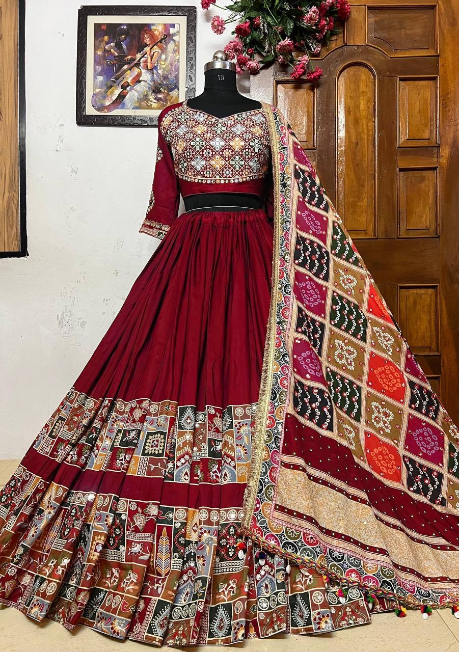 Navratri special Premium Heavy Muslin Cotton Lehenga with Real Mirror Work & Canvas Patta