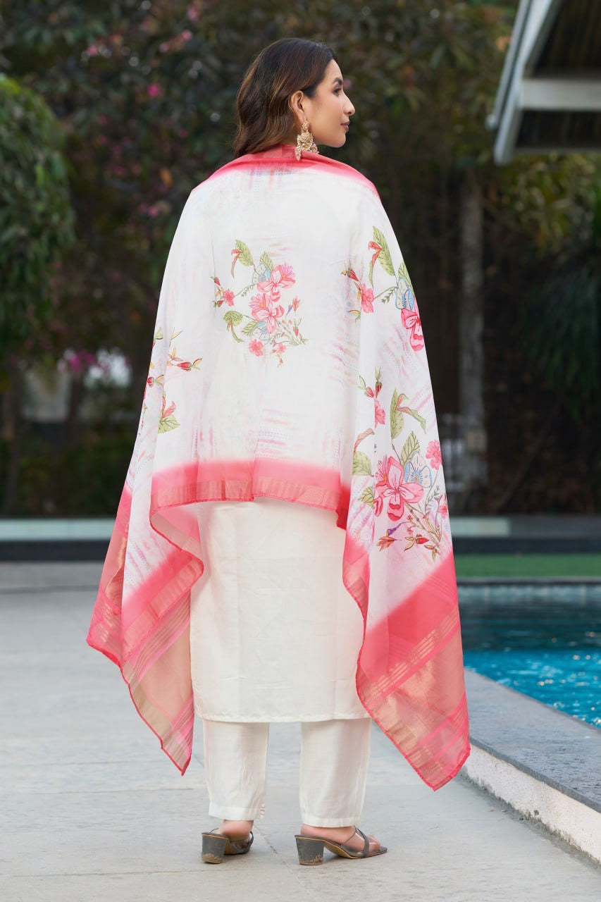 Elegant Viscose Silk Straight Kurti Pant Dupatta Set with Multi Embroidery & Hand Work