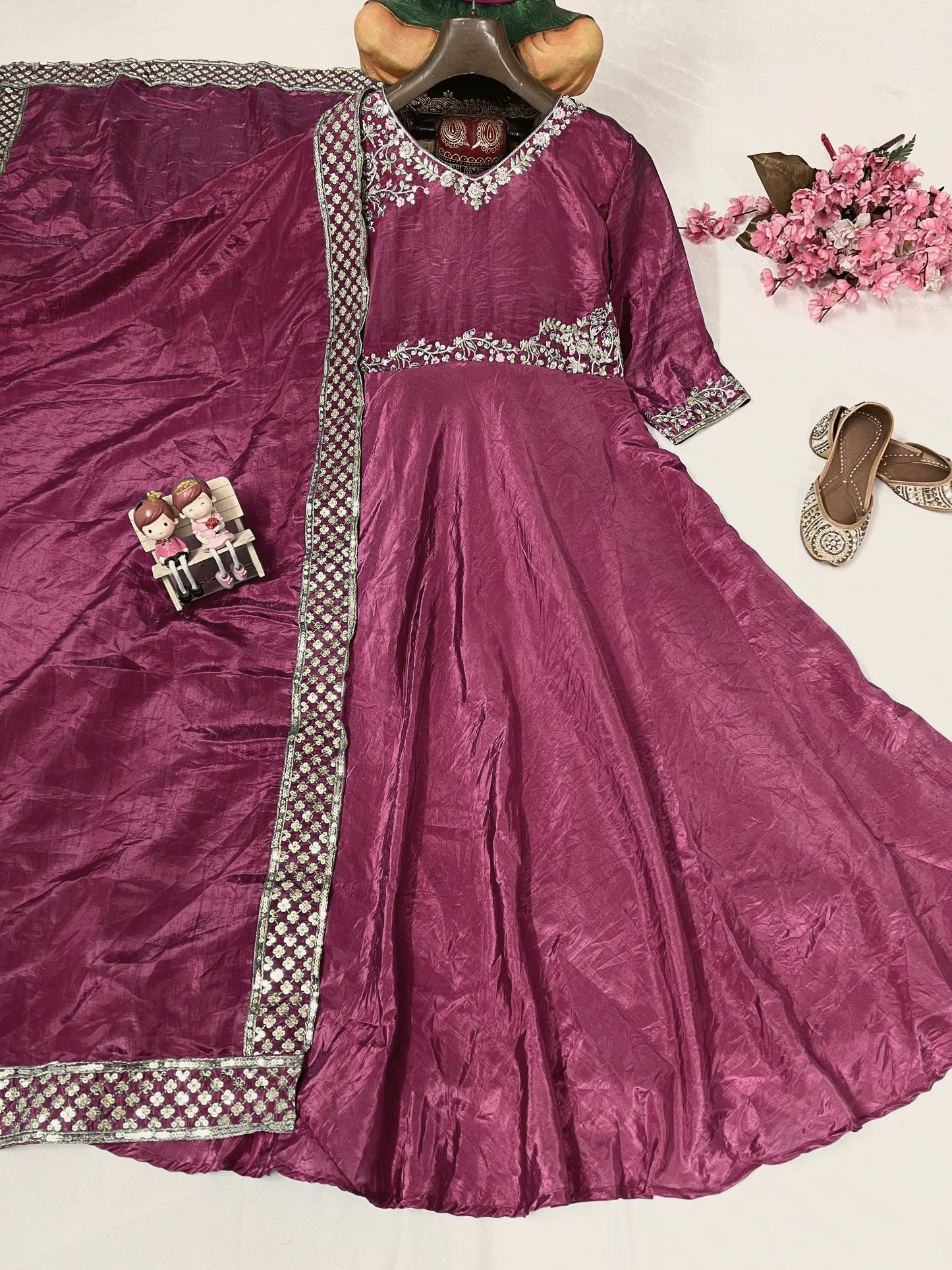 Gold Crushed Silk Gown with Thread & Sequin Embroidery - VF 206