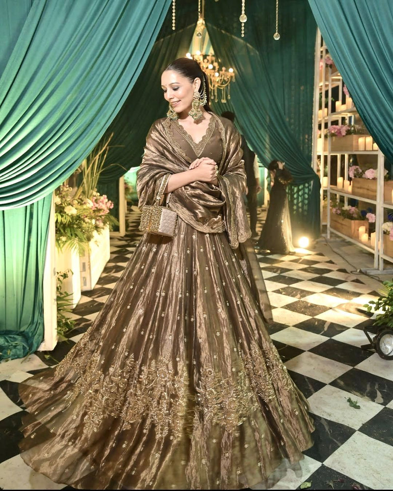 Amazing Semi-Bridal Lehenga Choli in beautiful brown color gmy silk (heavy tissue)