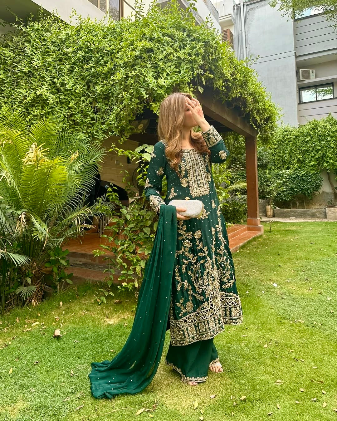 Chinon Silk Flaired Kurti-Palazzo Set with Zari & Sequin Embroidery - LC 1360