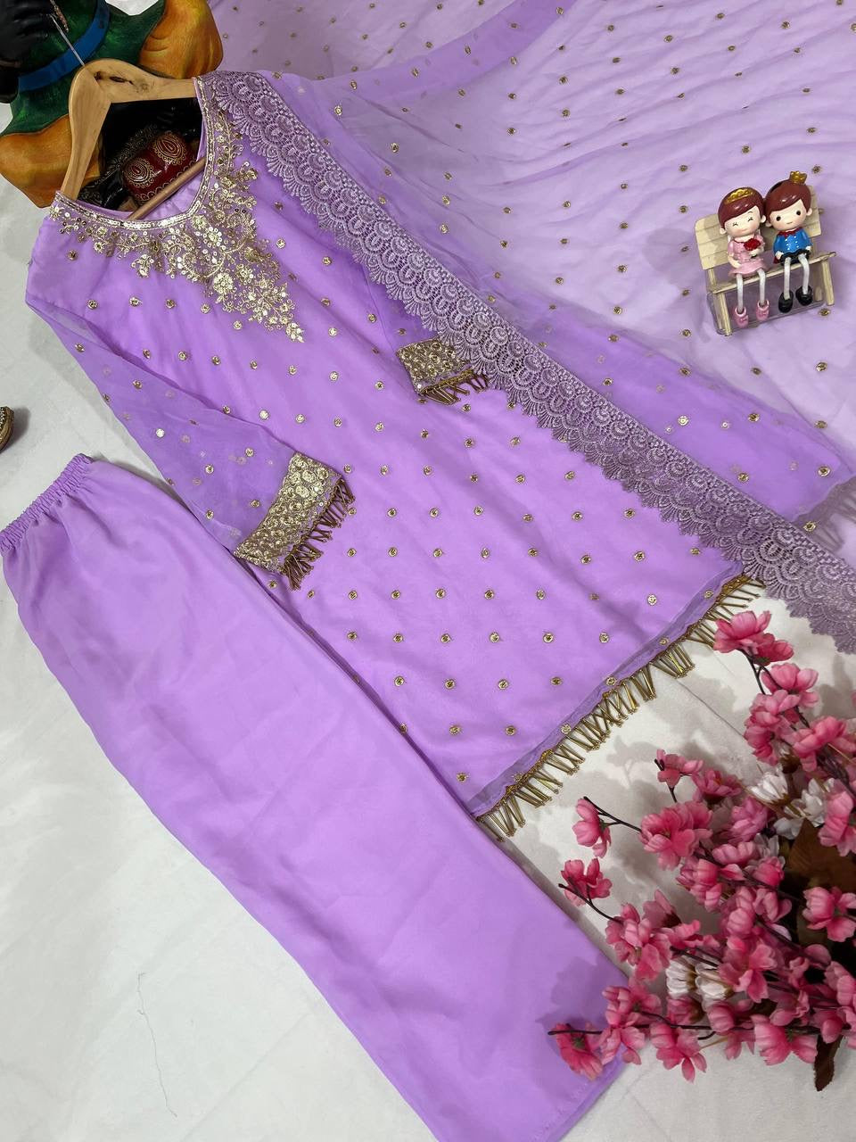 Georgette Kurti Pant Set with Sequin & Zari Embroidery - LC 1356