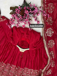 Festive Red Anarkali Gown In Chinon Silk fabric,featuring 5mm Sequin Work and Intricate Floral Embroidery
