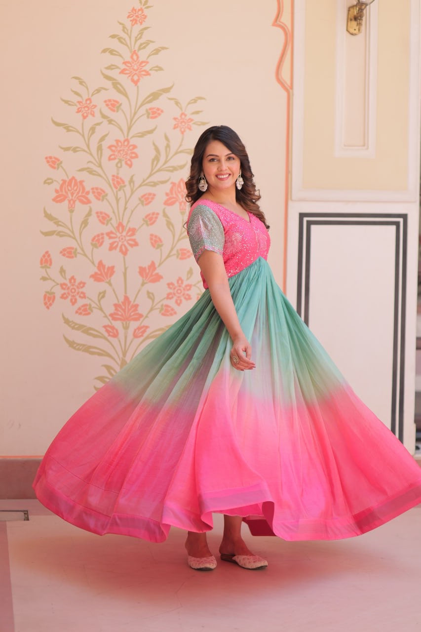 Premium Readymade Designer Gown with Gold Crush Padding & Beads Embroidery