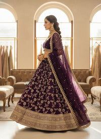 Royal Wine Banarasi Silk Semi Bridal Lehenga Choli with Wide Zari Border
