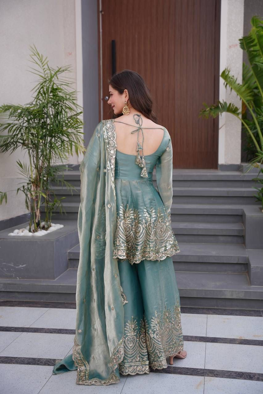 Designer Party Wear Heavy Two Tone Fendy Satin Silk Gown Sharara Set with Embroidery & Real Mirror