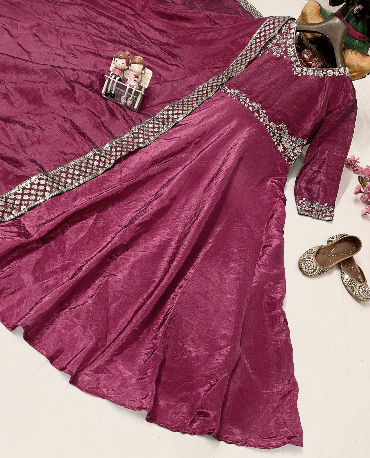 Gold Crushed Silk Gown with Thread & Sequin Embroidery - VF 206