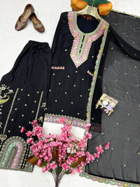 Black & White Kurti Palazzo Set in premium chinon silk fabric with multy color thread Embroidery work