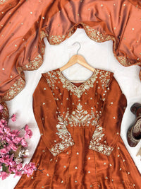 Party Wear Rangoli Silk Anarkali Gown in Rusty Orange