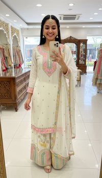 Black & White Kurti Palazzo Set in premium chinon silk fabric with multy color thread Embroidery work