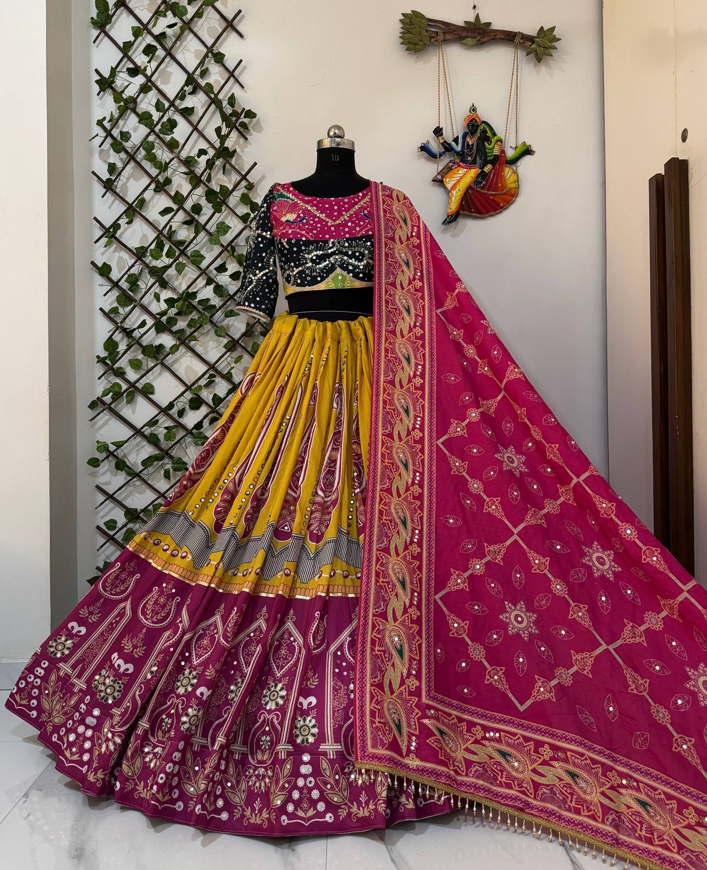 Heavy Muslin Cotton Lehenga with Real Mirror Work & Digital Print - Alc 108