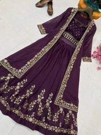 Modern Designer Semi-Bridal Wine Pink Lehenga Choli Set with Stylish Long Shrug in Premium Star Georgette Fabric for Wedding & Festive Wear