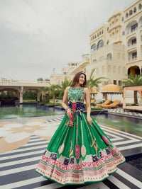 Sea Green Navratri Lehenga Choli for Women – Fusion Style, Real Mirror Work, Digital Print, 4 Meter Flair, Soft Muslin Cotton Garba & Dandiya Outfit