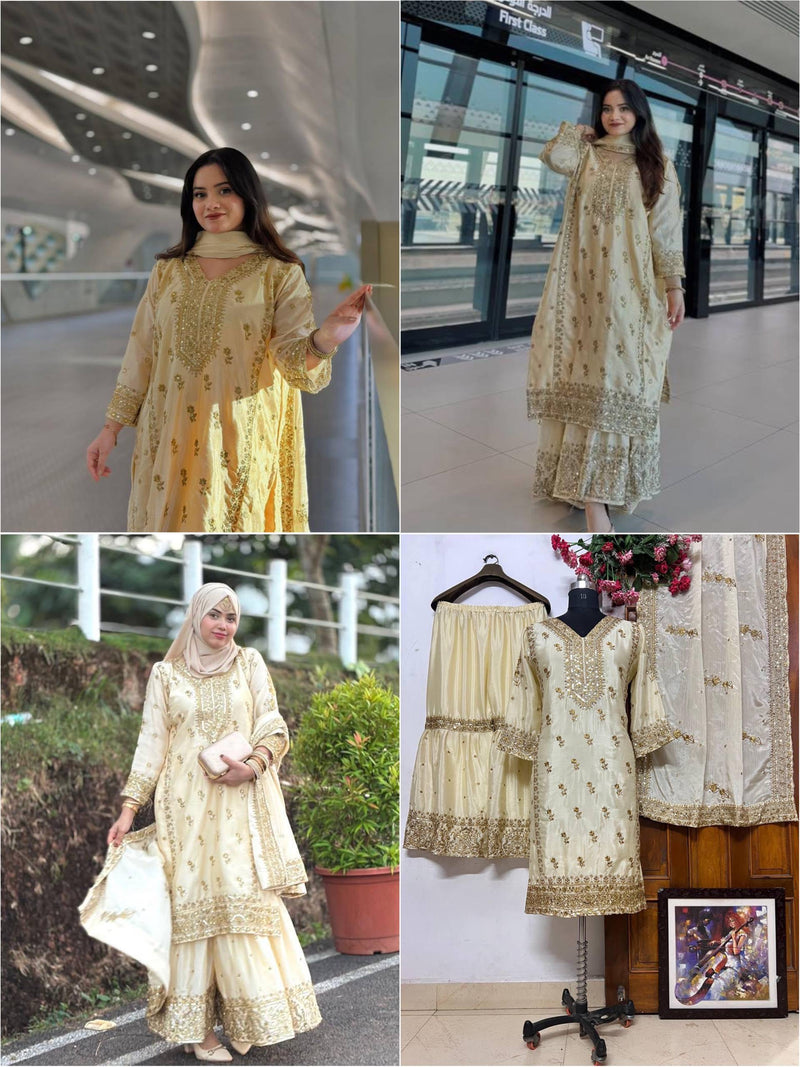 All time hit long kurti plazzo set in premium chinon silk with sequins & zari Embroidery work