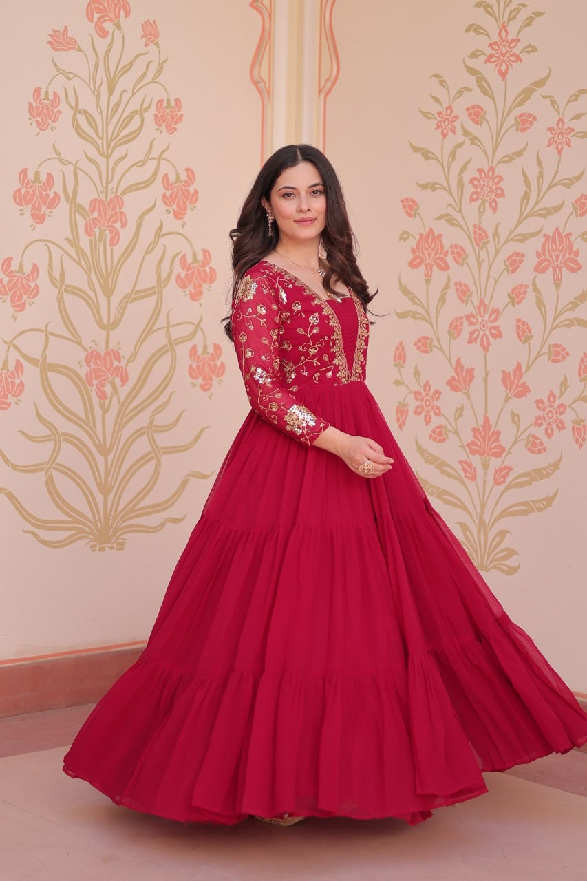 Premium Readymade Gown with Sequins & Zari Embroidery - 12 Meter Flair - FFlw9237