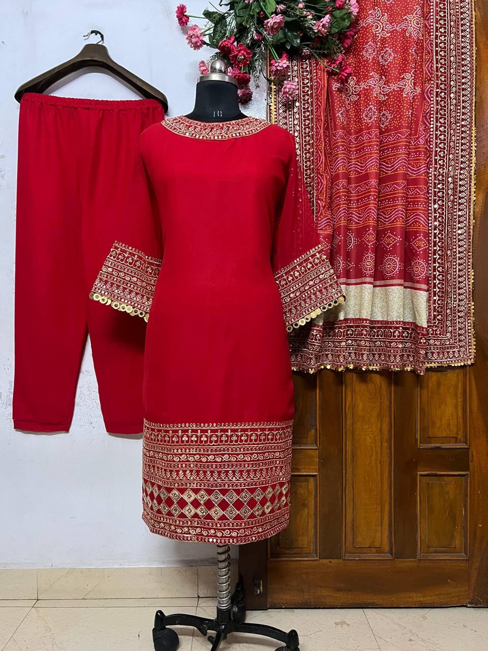 Premium Georgette Kurti-Pant Set with Sequins Work & Embroidered Dupatta