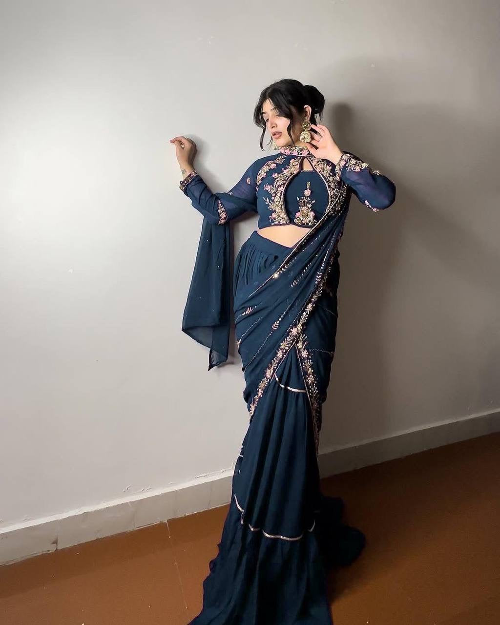 Wedding Season Special Faux Georgette Lehenga Saree with Heavy Embroidery & Mirror Work - FFBE 280