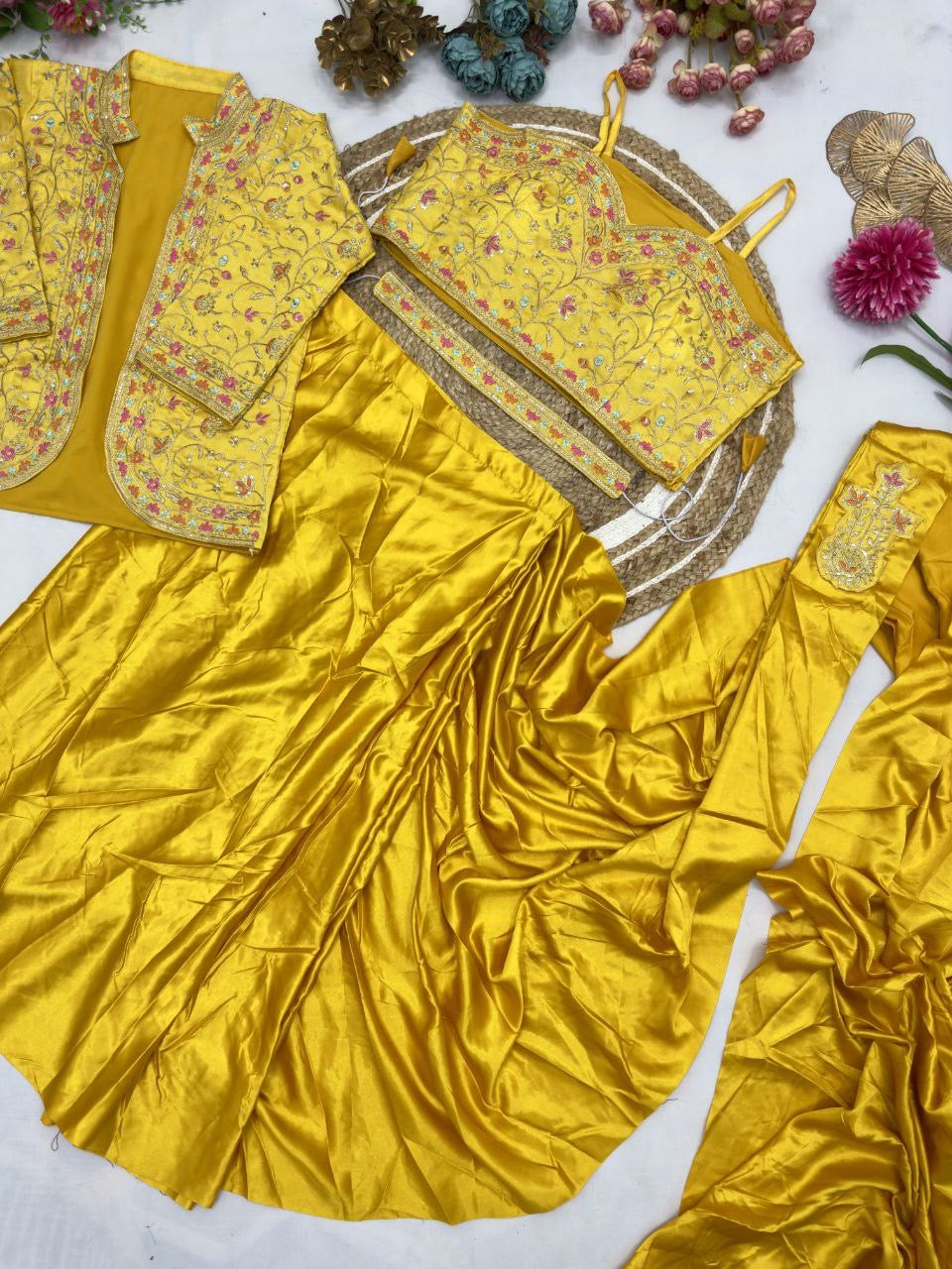 Ready To Wear Diamond Satin Silk Saree with Jacket & Embroidery Belt