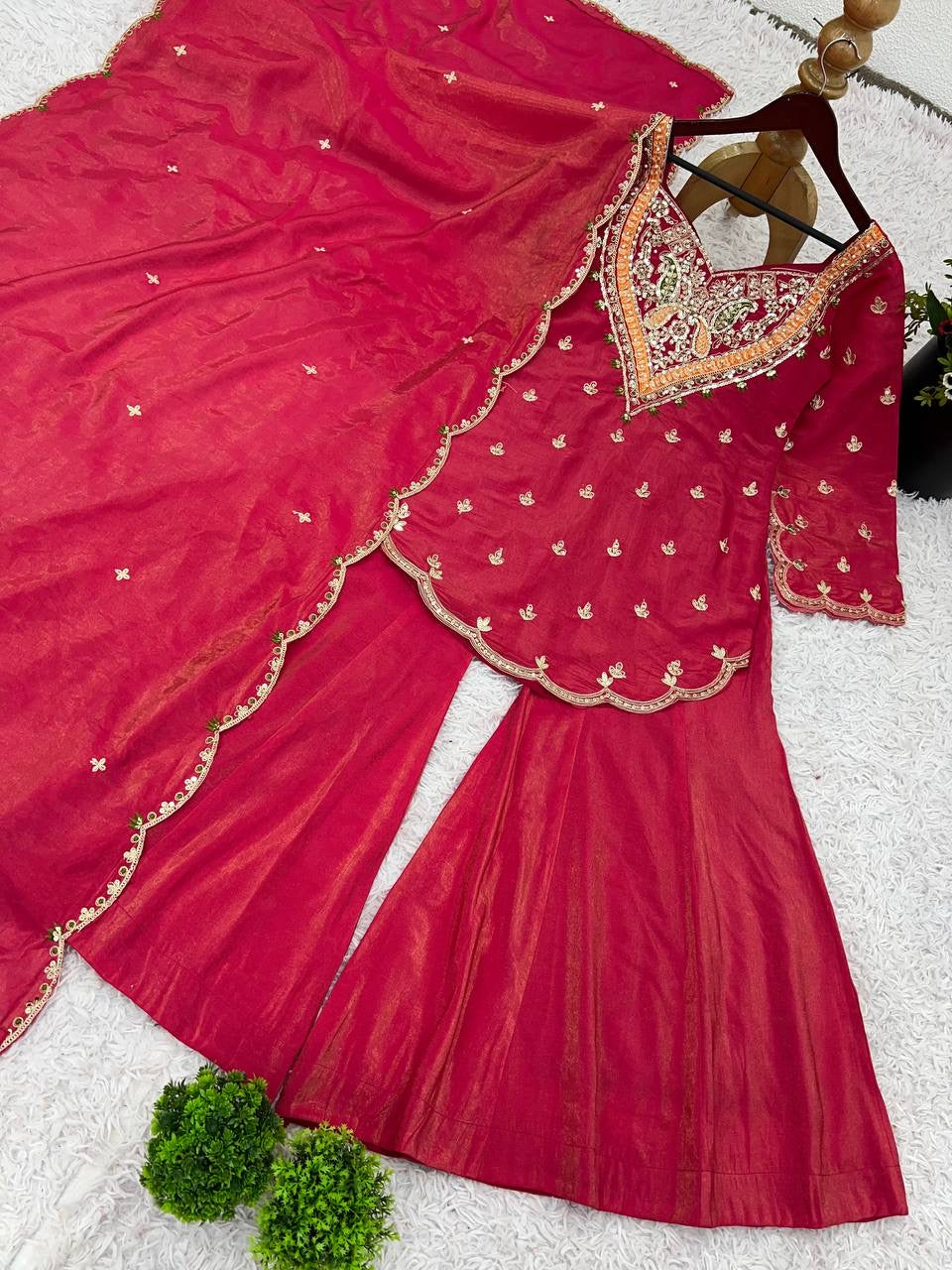 Festive special Designer Flaired palazzo Set with Embellished Kurti & Dupatta in Simar Silk fabric with Embroidery work - FFNSR-852