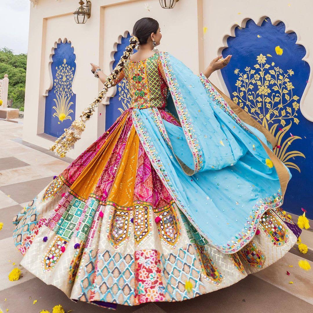 Navratri Special Premium Heavy Muslin Cotton Lehenga with Digital Print & Real Mirror Work