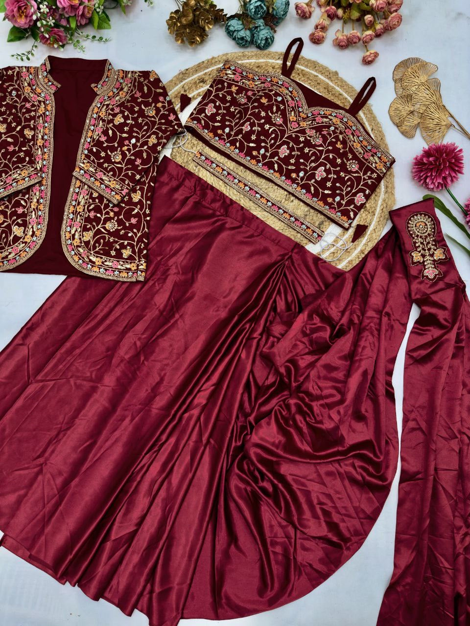 Ready To Wear Diamond Satin Silk Saree with Jacket & Embroidery Belt