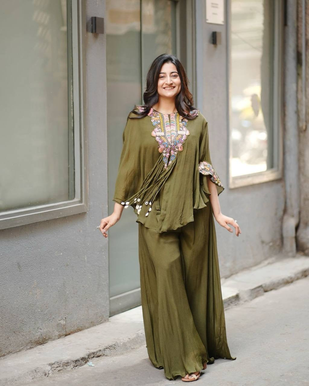 New Trendy Air Tex Chinon Three Piece Indo Western Set with Sequence Embroidery