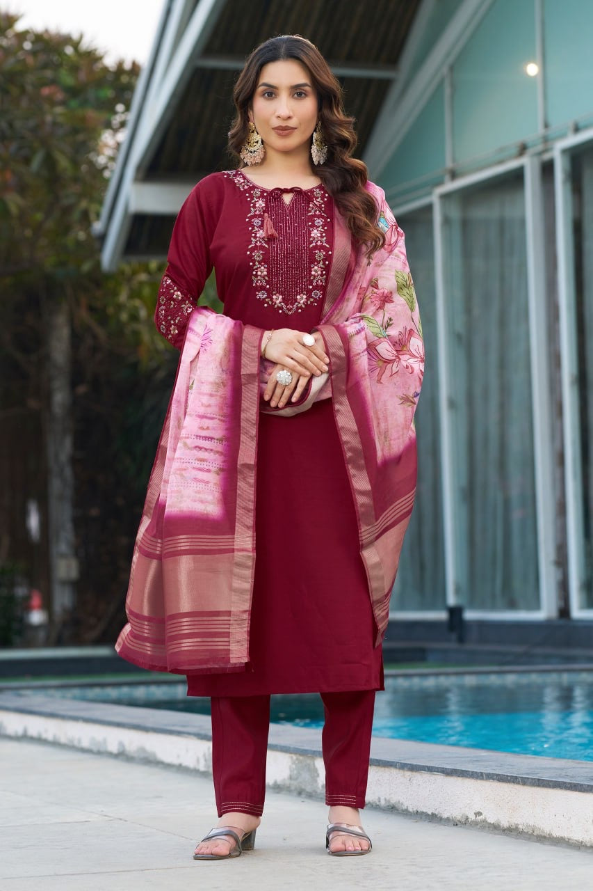 Elegant Viscose Silk Straight Kurti Pant Dupatta Set with Multi Embroidery & Hand Work
