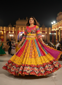 Vibrant yellow color Real Mirror Work Navratri Lehenga With Elegant Pink Color Dupatta