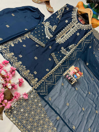 Beautiful and trending long kurti palazzo set in beautiful sequins and thread Embroidery work