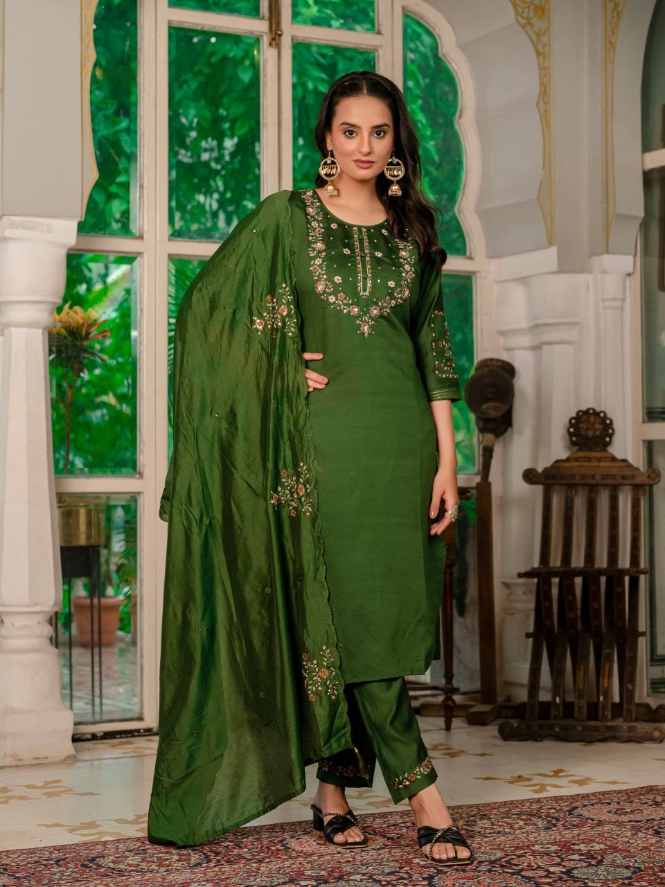 Elegant Marina Silk Straight Kurti Pant Dupatta Set with Multi Embroidery & Hand Work