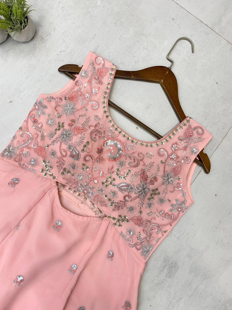 Designer Indo Western Three Piece Set with Sequence Embroidery & Silver Latkan