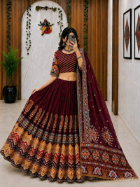 Traditional Maroon Garba Lehenga Choli with Authentic Mirror Work & Digital Print