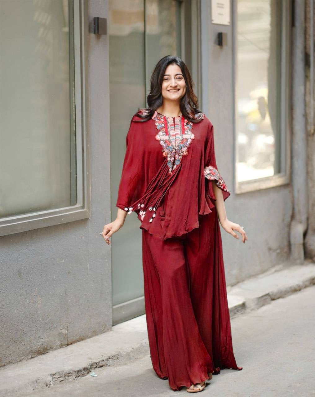 New Trendy Air Tex Chinon Three Piece Indo Western Set with Sequence Embroidery