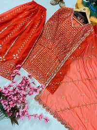 Designer kurti and flared palazzo set in orange color with heavy sequins and zari Embroidery work