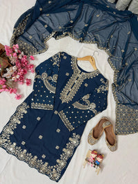 Beautiful and trending long kurti palazzo set in beautiful sequins and thread Embroidery work