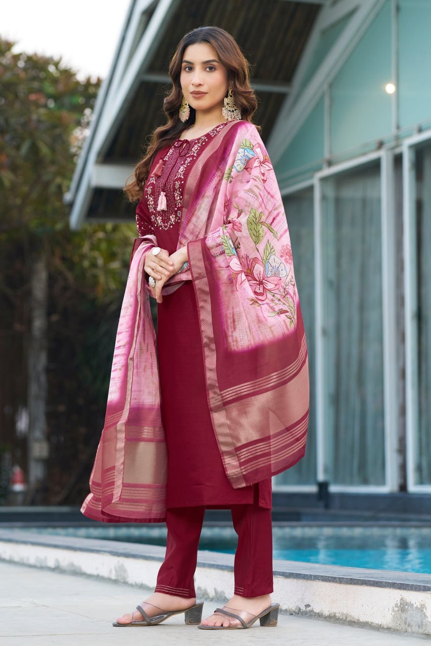 Elegant Viscose Silk Straight Kurti Pant Dupatta Set with Multi Embroidery & Hand Work