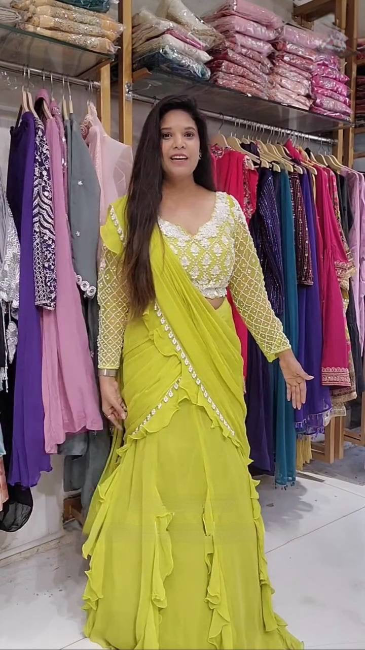 Ready To Wear Ruffles Saree with Long Sleeve Blouse in Lemon Yellow - Georgette with Moti Lace