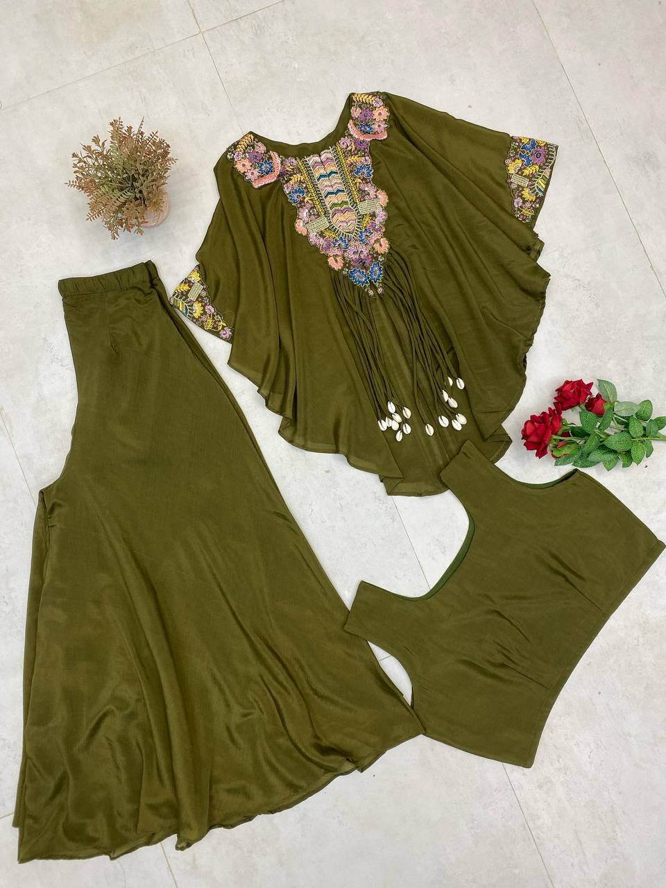 New Trendy Air Tex Chinon Three Piece Indo Western Set with Sequence Embroidery