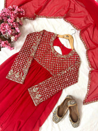 Festive Red Anarkali Style Kurti(KEDIYA) & Palazzo With stylish dupatta