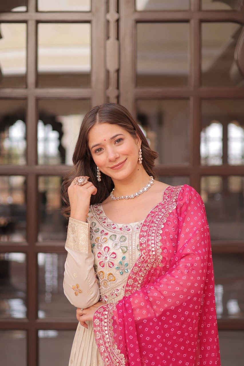 Trending Cosmos Jacquard Gown with Bandhani Printed Embroidered Cut Work Dupatta