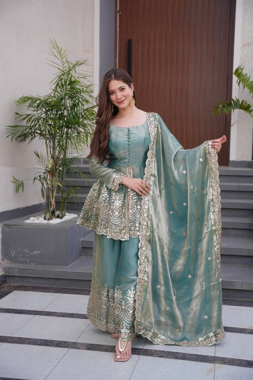 Designer Party Wear Heavy Two Tone Fendy Satin Silk Gown Sharara Set with Embroidery & Real Mirror