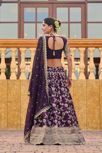 Royal Wine Banarasi Silk Semi Bridal Lehenga Choli with Wide Zari Border