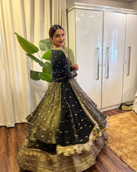 Beautiful mehendi green colored Indo-western set in premium chinon silk fabric (kediya style kurti with Lehenga choli)