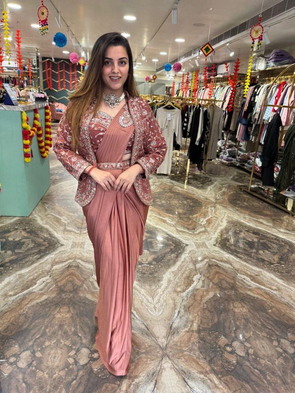Ready To Wear Diamond Satin Silk Saree with Jacket & Embroidery Belt