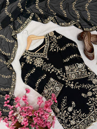 Premium Black Kurti Palazzo Set with sequins Embroidery Work in Georgette fabric