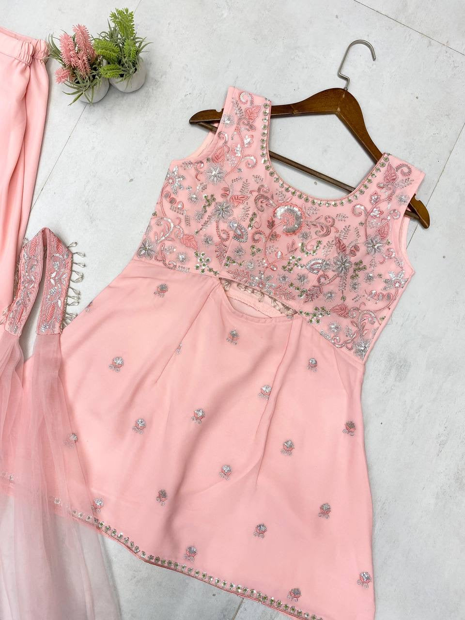 Designer Indo Western Three Piece Set with Sequence Embroidery & Silver Latkan