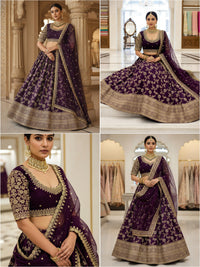 Royal Wine Banarasi Silk Semi Bridal Lehenga Choli with Wide Zari Border